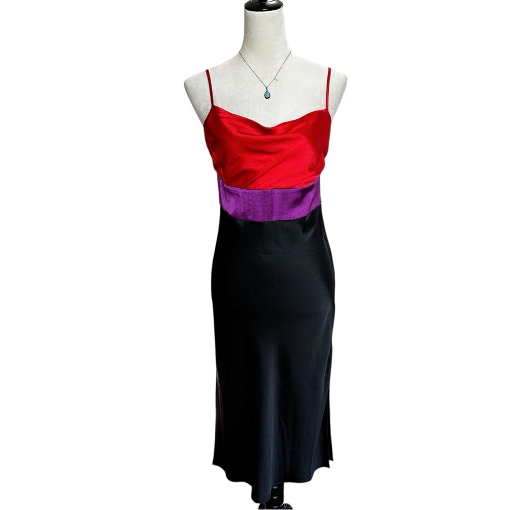 Express Y2K Satin Cowl Neck Slip Midi Dress S | Colorblock Draped Cocktail Party